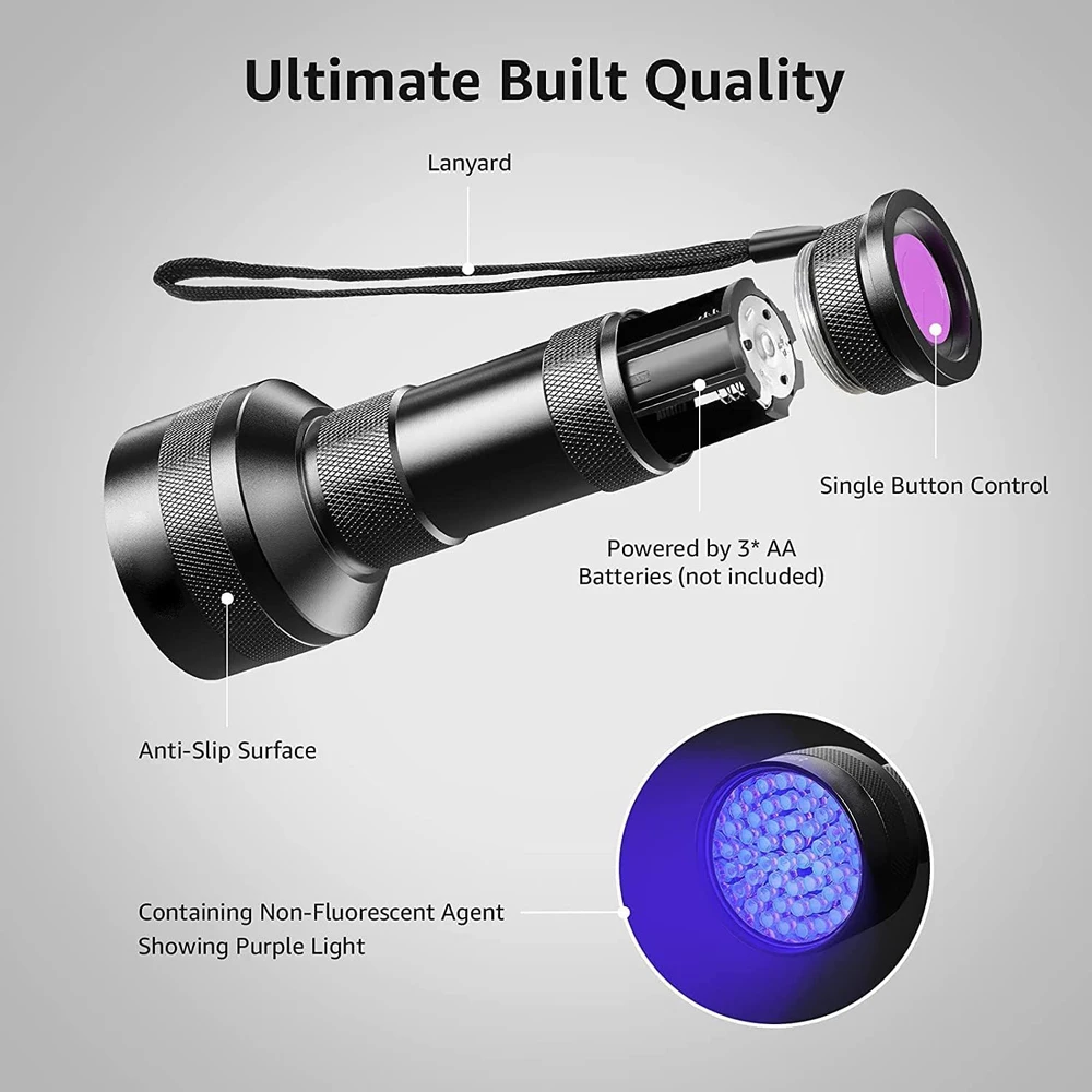 UV žibintuvėlis, 51 LED, ultravioletinis, UV lempa, ultravioletinis žibintuvėlis, UV LED žibintuvėlis