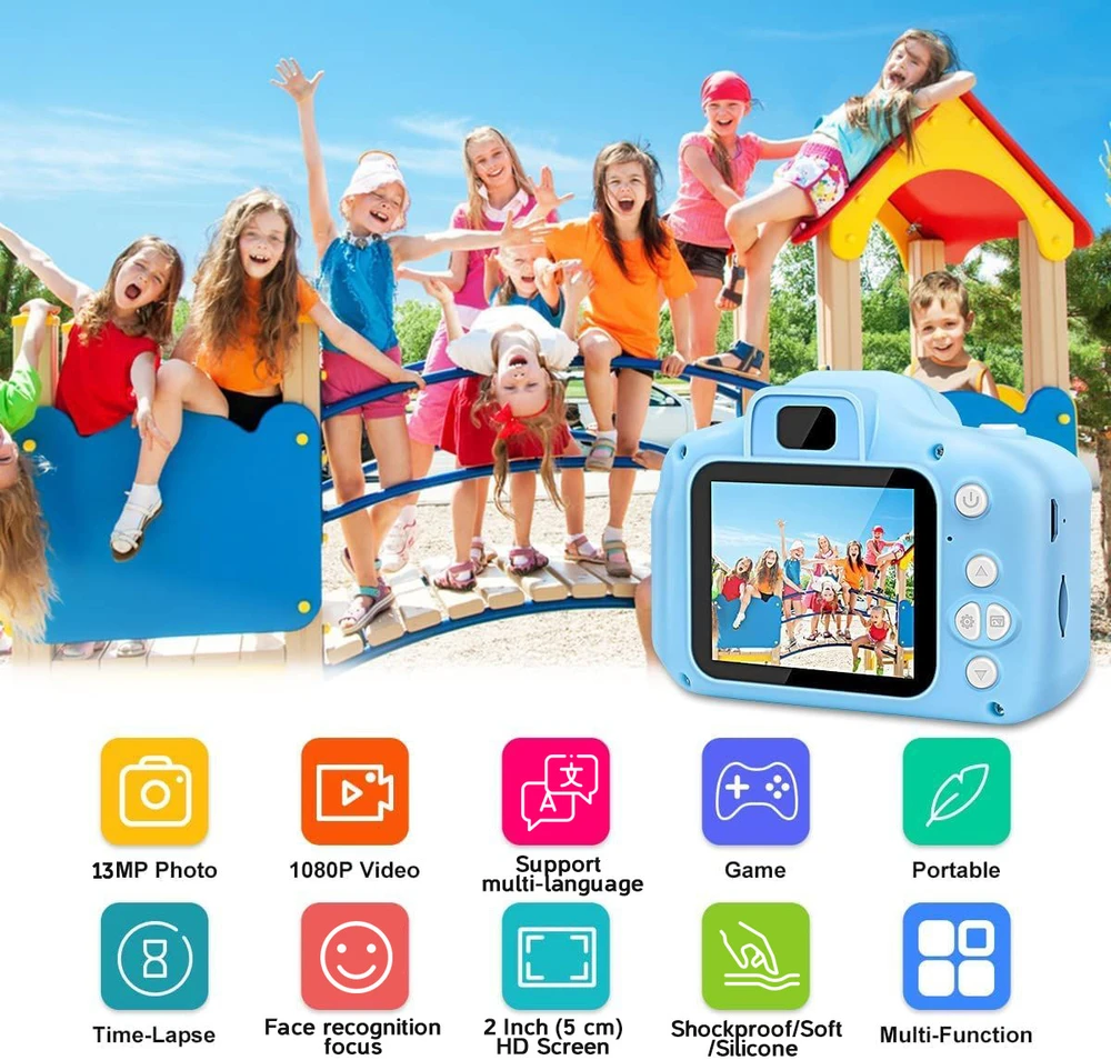 Vaikiškas skaitmeninis fotoaparatas mėlynas, vaikų fotoaparatas, vaikiška kamera, vaikų kamera
