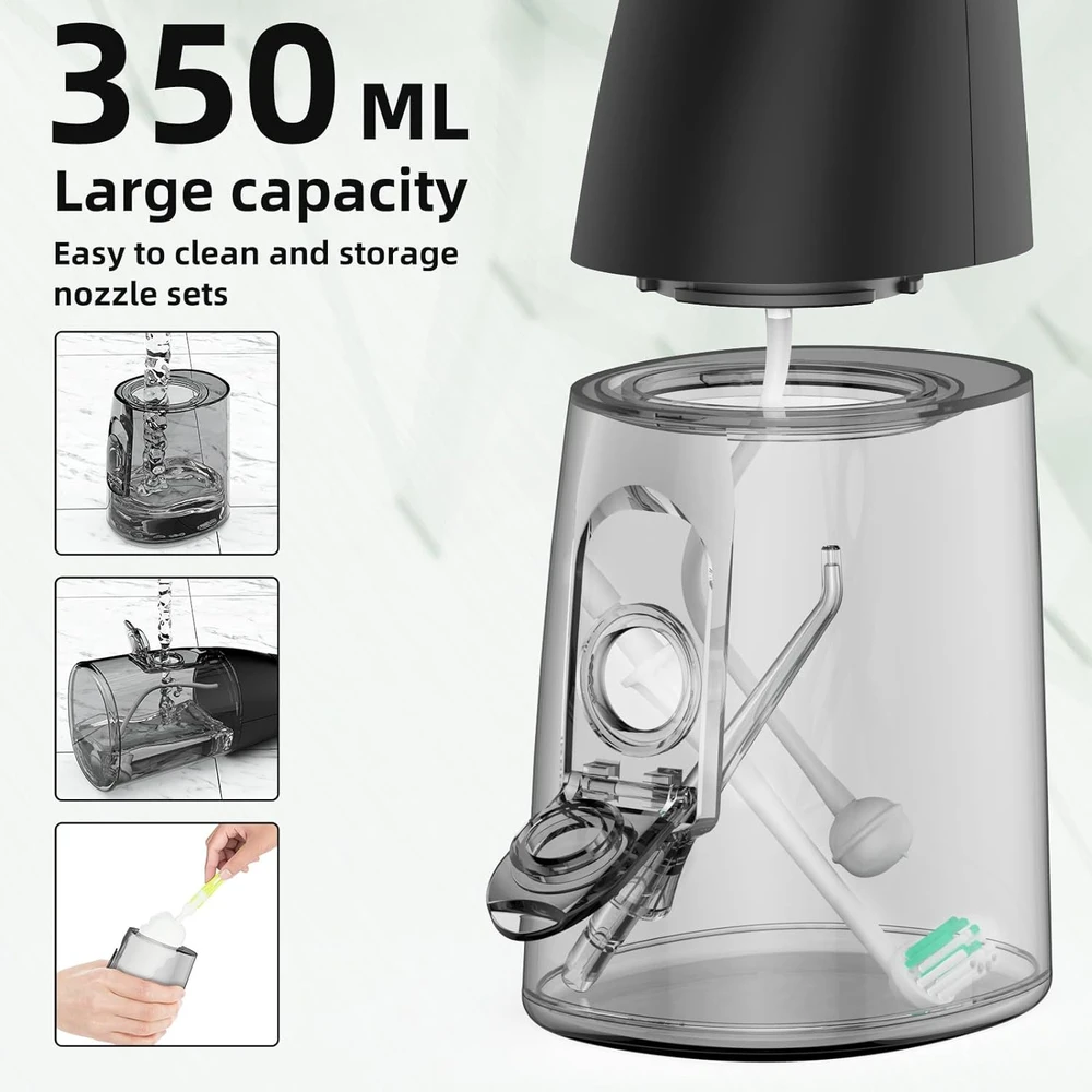 Vandens irigatorius dantims 350 ml, juodas irigatorius, įkraunamas dantų valiklis, burnos irigatorius, dantų siūlas vandeniu, dantų ploviklis vandens srove