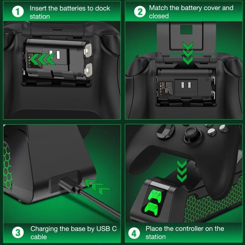 XBOX valdiklio įkroviklis su 2 baterijomis 1800 mAh, USB įkrovimo stotelė, įkrovimo dokas, valdiklio kroviklis, pultelio įkroviklis, pultelio įkrovimo stotelė