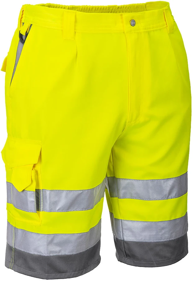 Poliesterio ir medvilnės PORTWEST E043 šortai, atspindintys šviesą, Dydis: L, Pw spalvos: Geltona/Pilkas