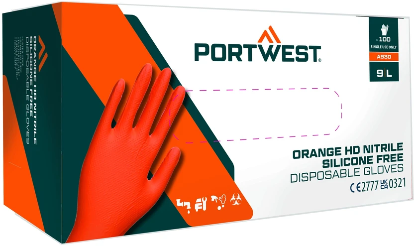 Vienkartinės nitrilinės PORTWEST A930 HD pirštinės (100 vnt.), Dydis: XL, Pw spalvos: Oranžinis