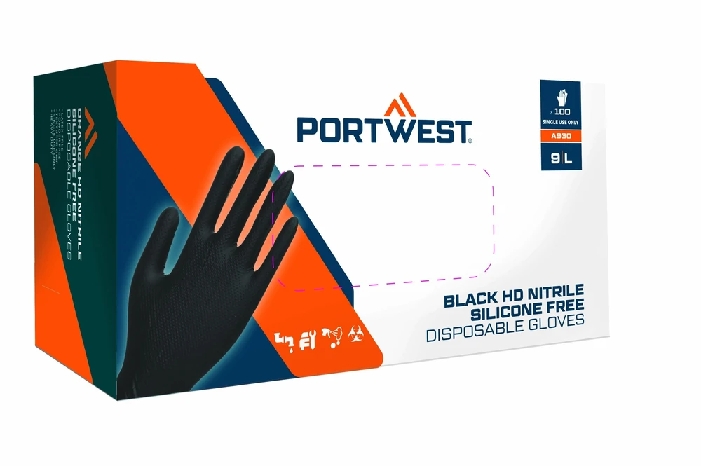 Vienkartinės nitrilinės PORTWEST A930 HD pirštinės (100 vnt.), Dydis: XXL, Pw spalvos: Juodas