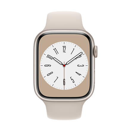 Išmanusis laikrodis Apple Watch Series 8 GPS, 45 mm, "Starlight" spalvos aliuminio korpusas su "Starlight" spalvos sportiniu dirželiu