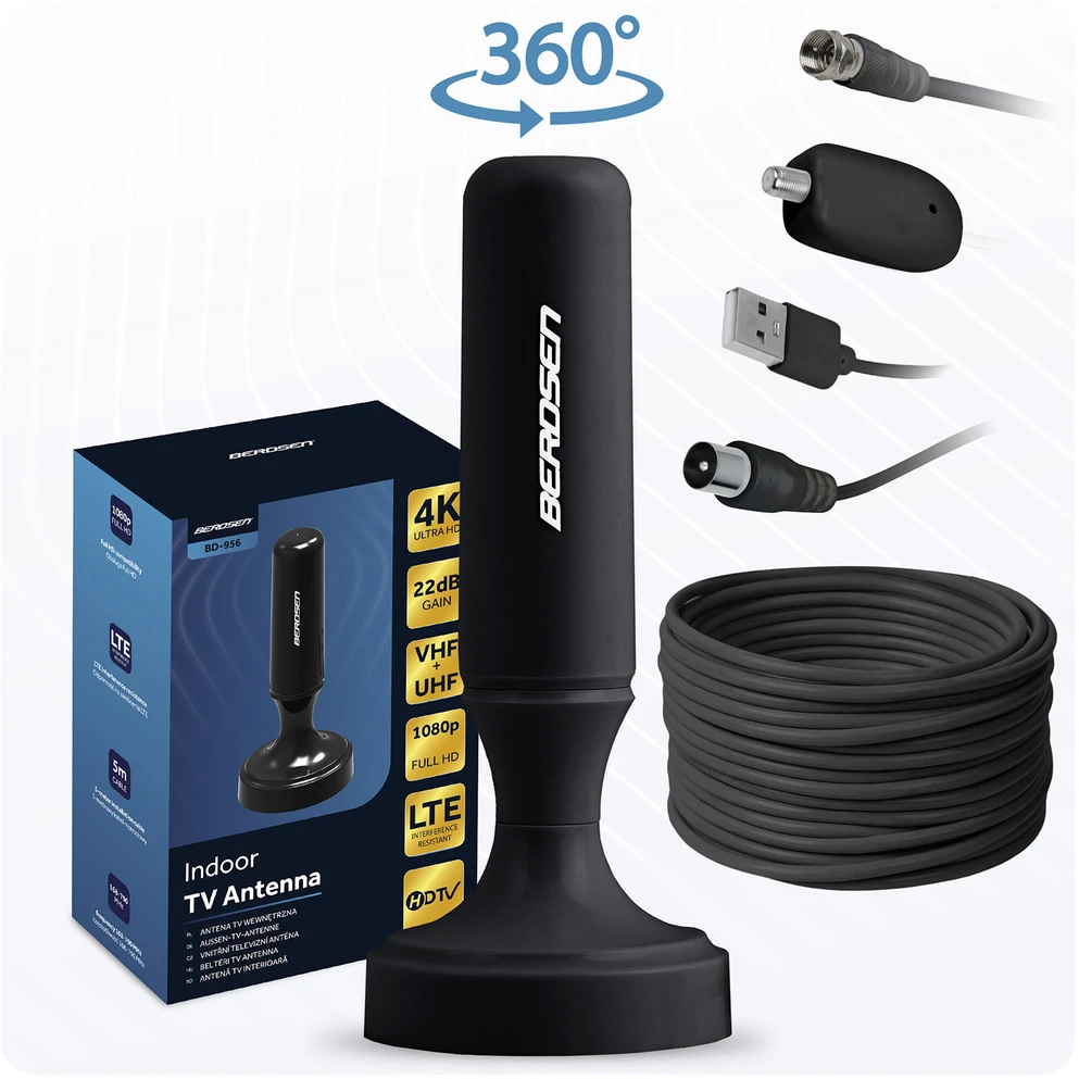 „Berdsen BD-956“ 360 laipsnių televizoriaus „Ultra HD 4K“ vidaus antena, juoda
