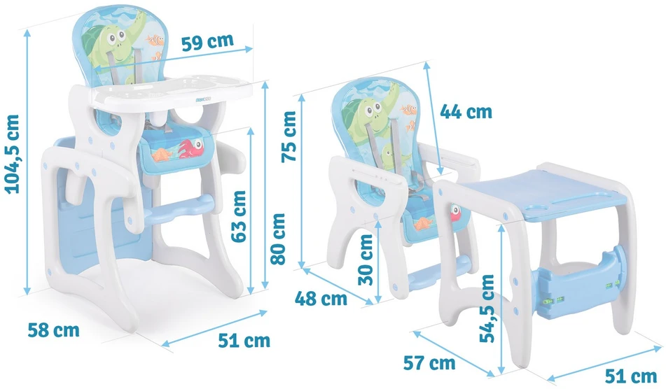 Ricokids Teri 3in1 kūdikio maitinimo kėdutė, pilka ir mėlyna