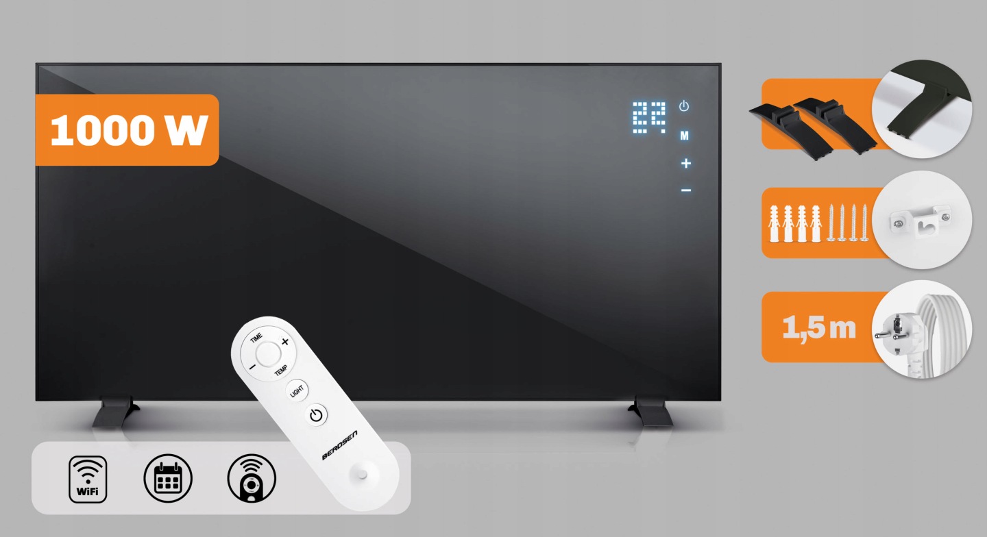 Infrared šildytuvas infraraudonųjų spindulių 1000 W Berdsen BD-992 pultas WiFi programėlė aprašymas - Prekės nuotrauka