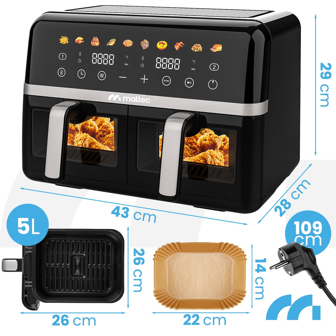 Gruzdintuvė MalTec Riebalų keptuvė be aliejaus AirFryer 2800W-10L aprašymas - Prekės nuotrauka