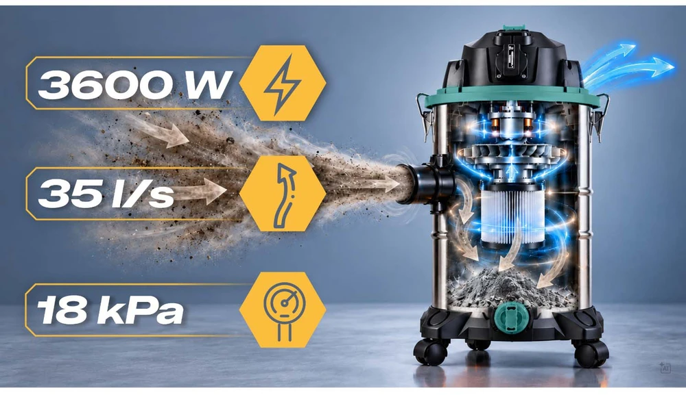 Humberg Dulkių siurblys pramoninis 30 l 3600 W be maišelio na mokro i sucho HM-409
