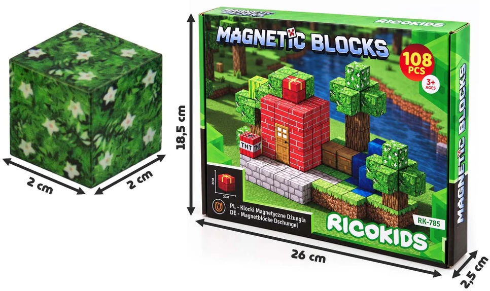 Magnetinės konstrukcinės kaladėlės 108 vnt. kubeliai 2x2 cm Ricokids RK-785