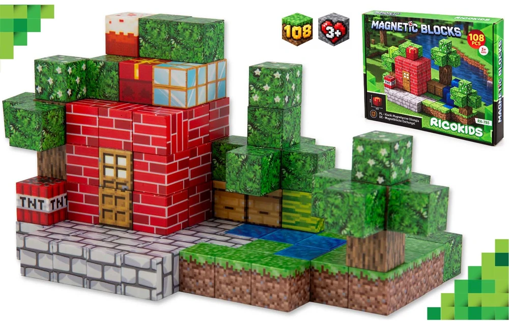 Magnetinės konstrukcinės kaladėlės 108 vnt. kubeliai 2x2 cm Ricokids RK-785