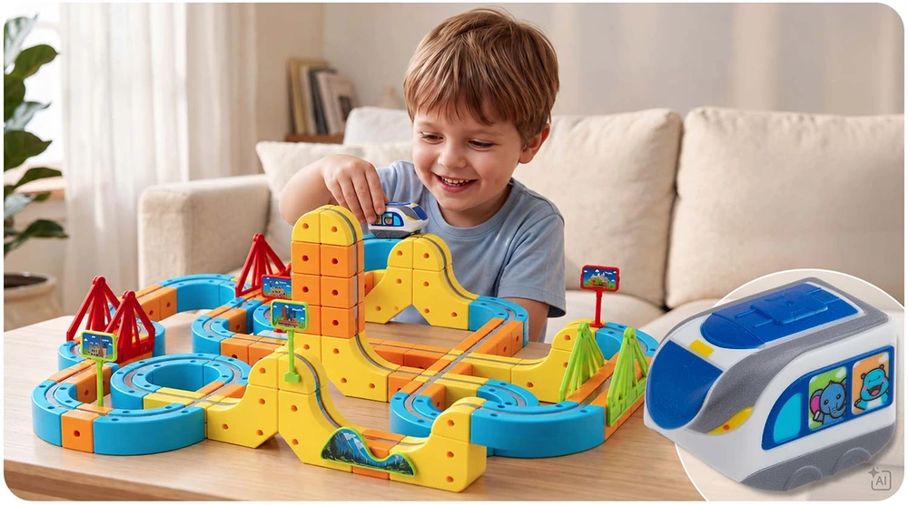 Magnetinis traukinukas su elektriniais bėgiais, konstrukcinės kaladėlės 157 vnt. Ricokids RK-784