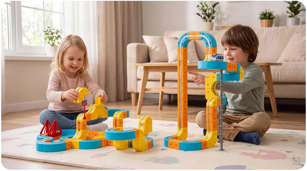 Magnetinis traukinukas su elektriniais bėgiais, konstrukcinės kaladėlės 157 vnt. Ricokids RK-784