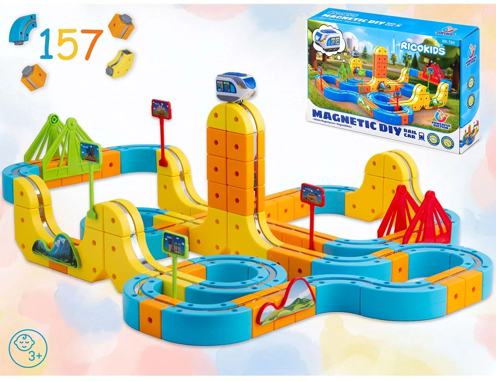 Magnetinis traukinukas su elektriniais bėgiais, konstrukcinės kaladėlės 157 vnt. Ricokids RK-784