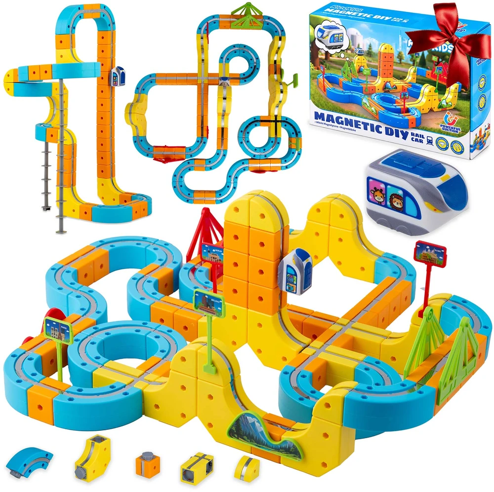 Magnetinis traukinukas su elektriniais bėgiais, konstrukcinės kaladėlės 157 vnt. Ricokids RK-784