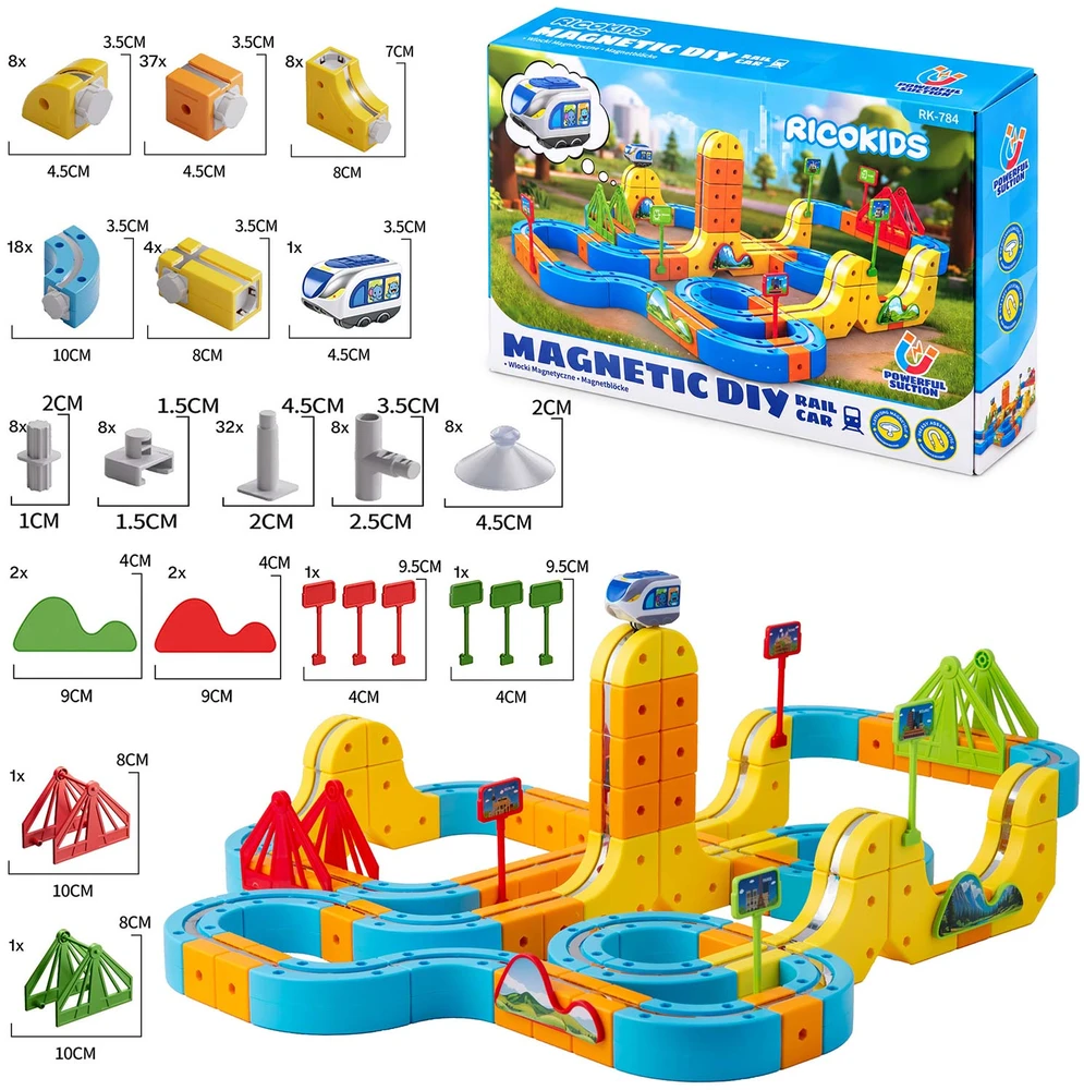Magnetinis traukinukas su elektriniais bėgiais, konstrukcinės kaladėlės 157 vnt. Ricokids RK-784