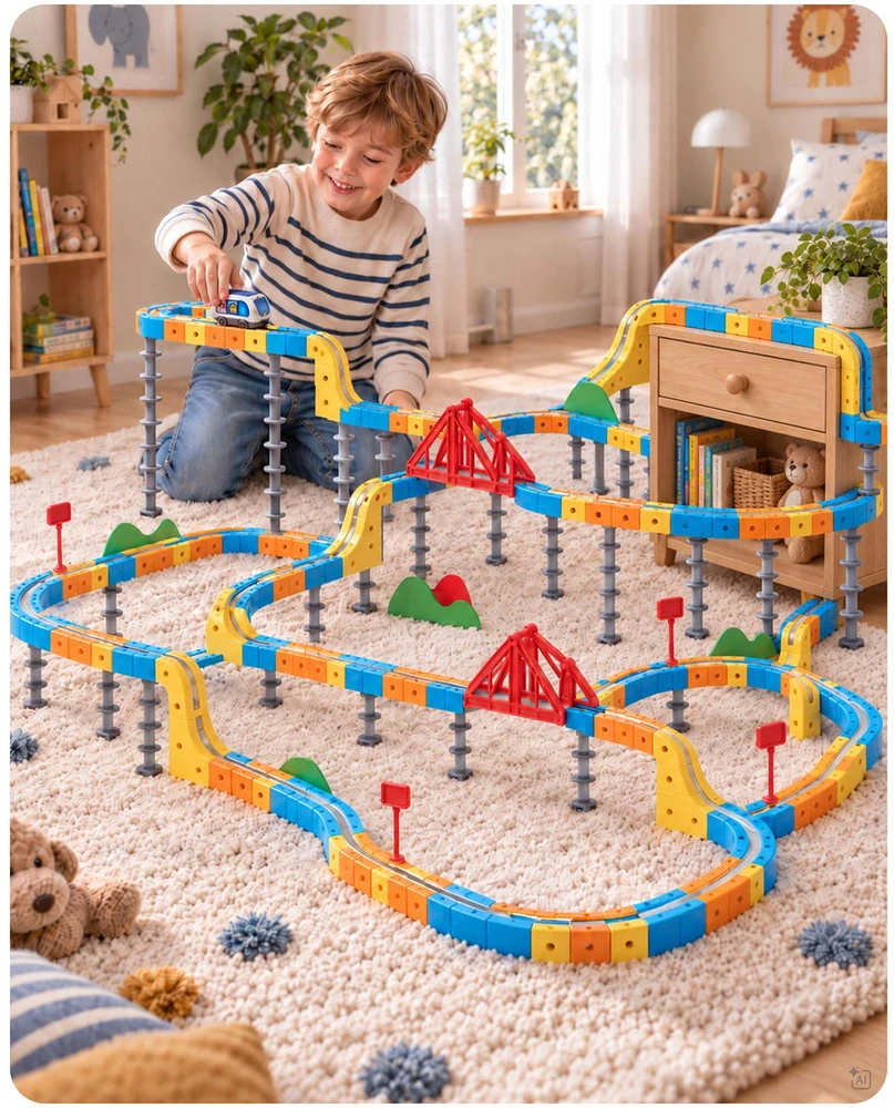 Magnetinis traukinukas su elektriniais bėgiais, konstrukcinės kaladėlės 157 vnt. Ricokids RK-784