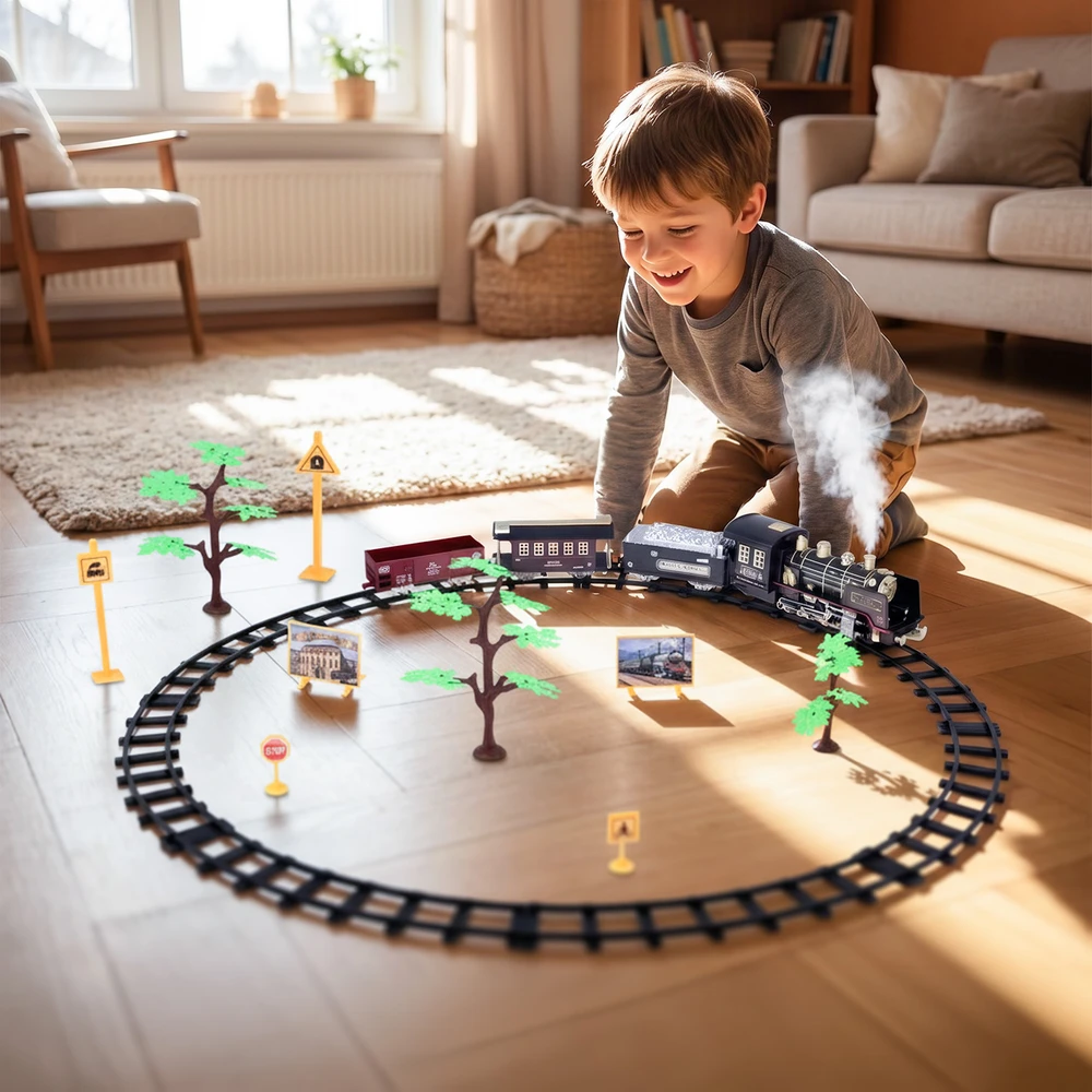 Malplay Žaislinė trasa elektrinis traukinys su 3 vagonais, dūmais ir nuotoliniu pultu, 35 el.