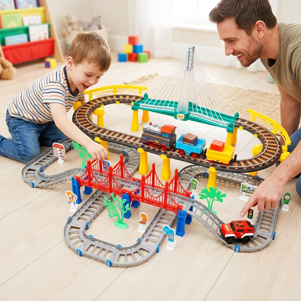 Malplay Urban Transport Track trasa su šviečiančiu tiltu– kūrybiškas žaislas vaikams (102 dalys)