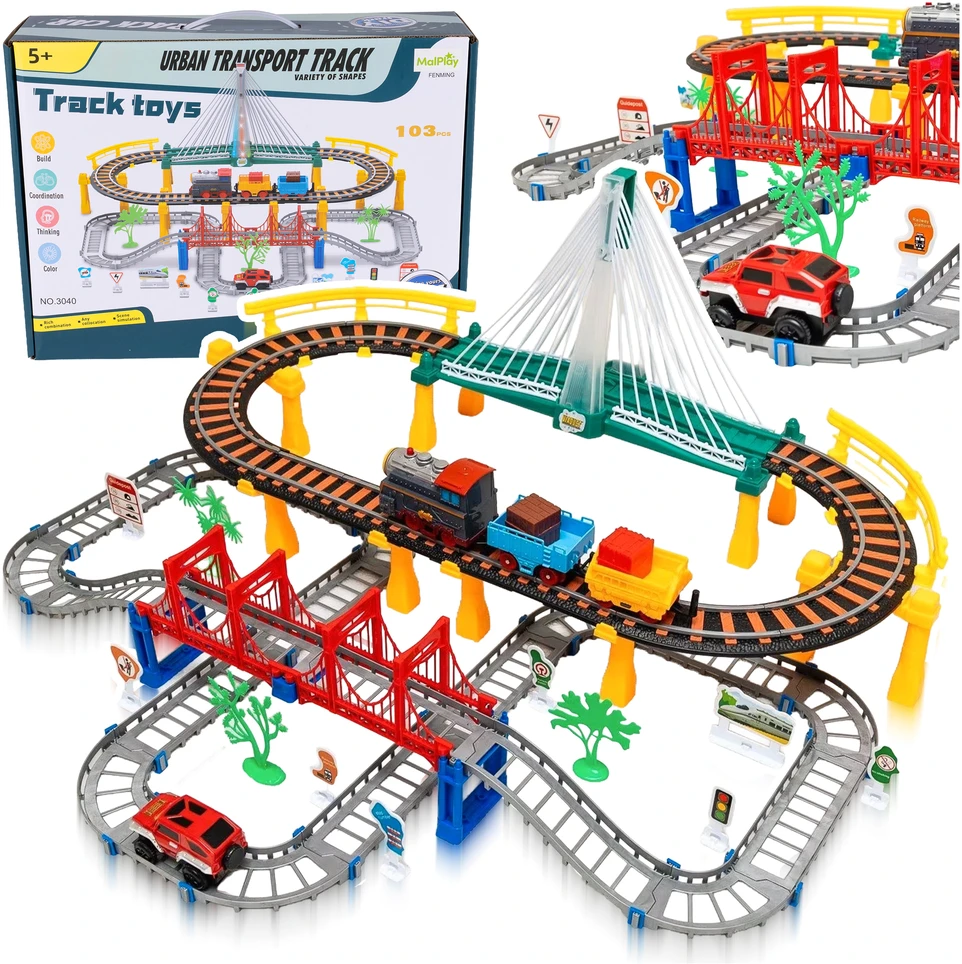 Malplay Urban Transport Track trasa su šviečiančiu tiltu– kūrybiškas žaislas vaikams (102 dalys)