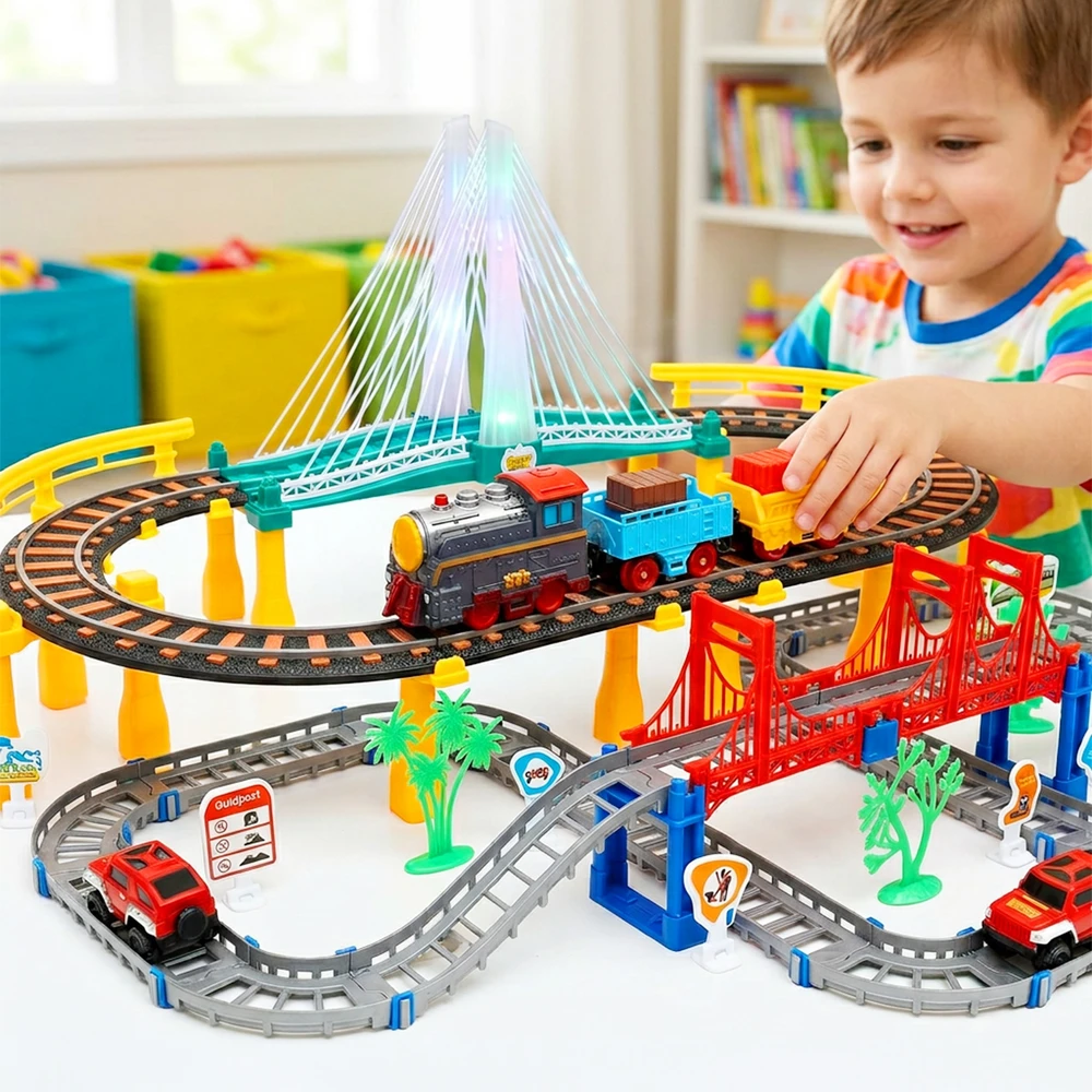 Malplay Urban Transport Track trasa su šviečiančiu tiltu– kūrybiškas žaislas vaikams (102 dalys)