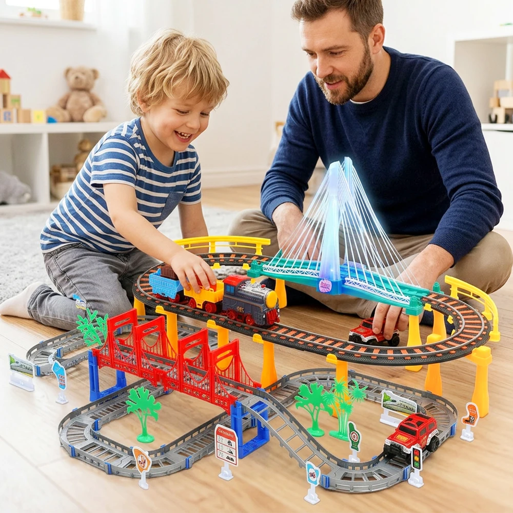 Malplay Urban Transport Track trasa su šviečiančiu tiltu– kūrybiškas žaislas vaikams (102 dalys)