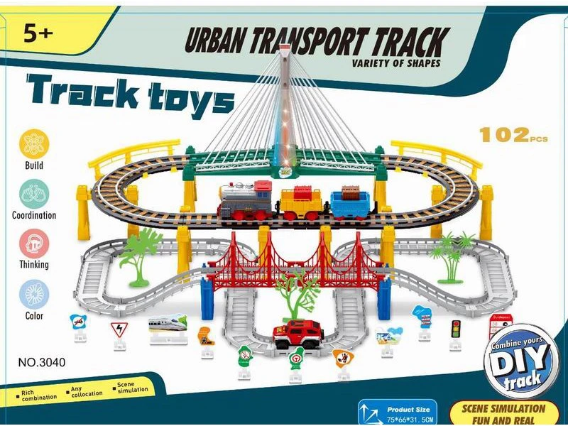 Malplay Urban Transport Track trasa su šviečiančiu tiltu– kūrybiškas žaislas vaikams (102 dalys)