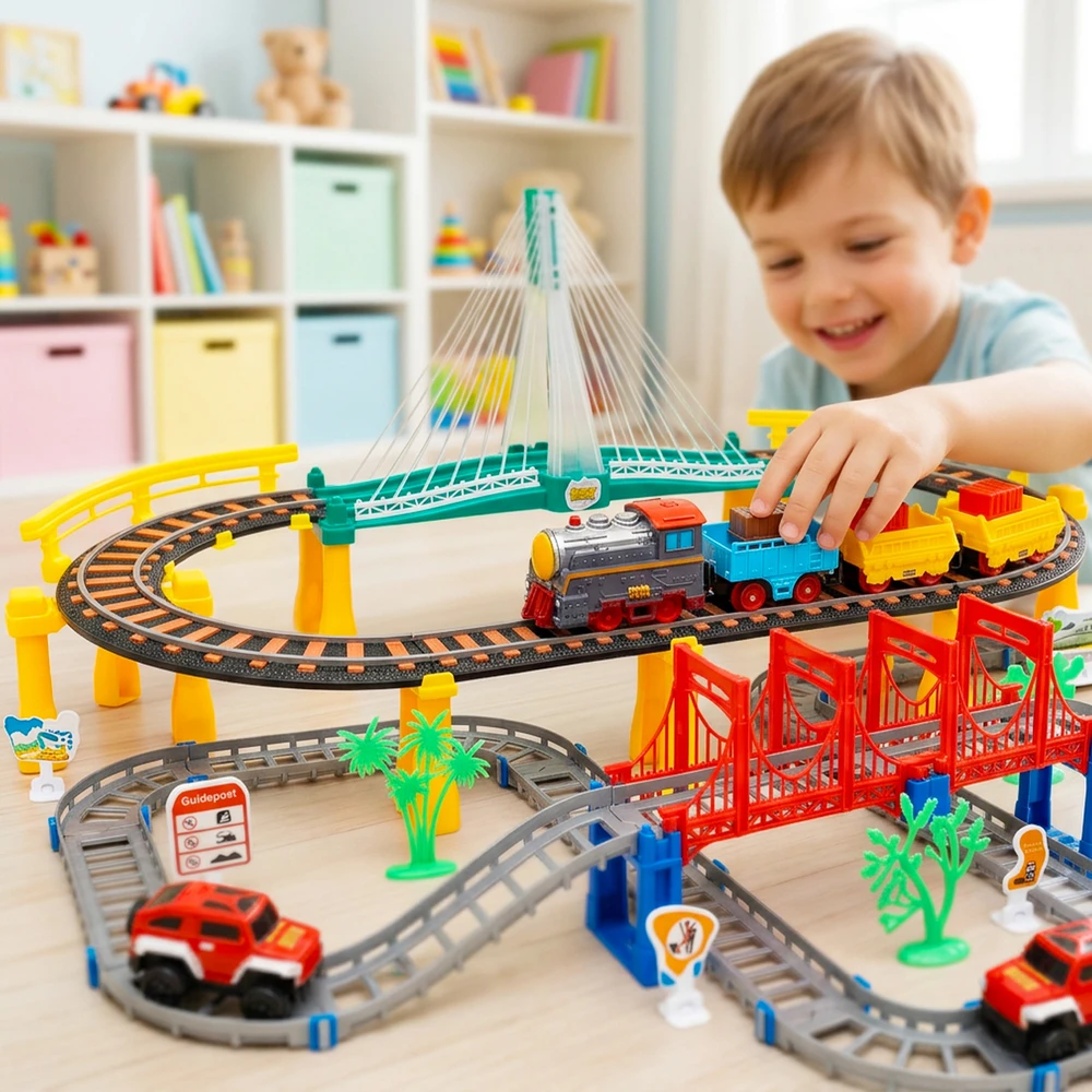 Malplay Urban Transport Track trasa su šviečiančiu tiltu– kūrybiškas žaislas vaikams (102 dalys)