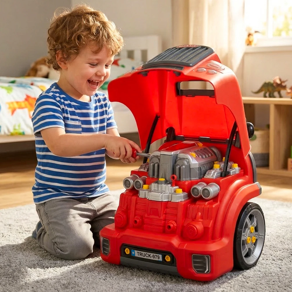 Malplay Žaislinis automobilio meistro sunkvežimio variklio išardymo rinkinys su vairavimo simuliatoriumi, garsais ir šviesomis