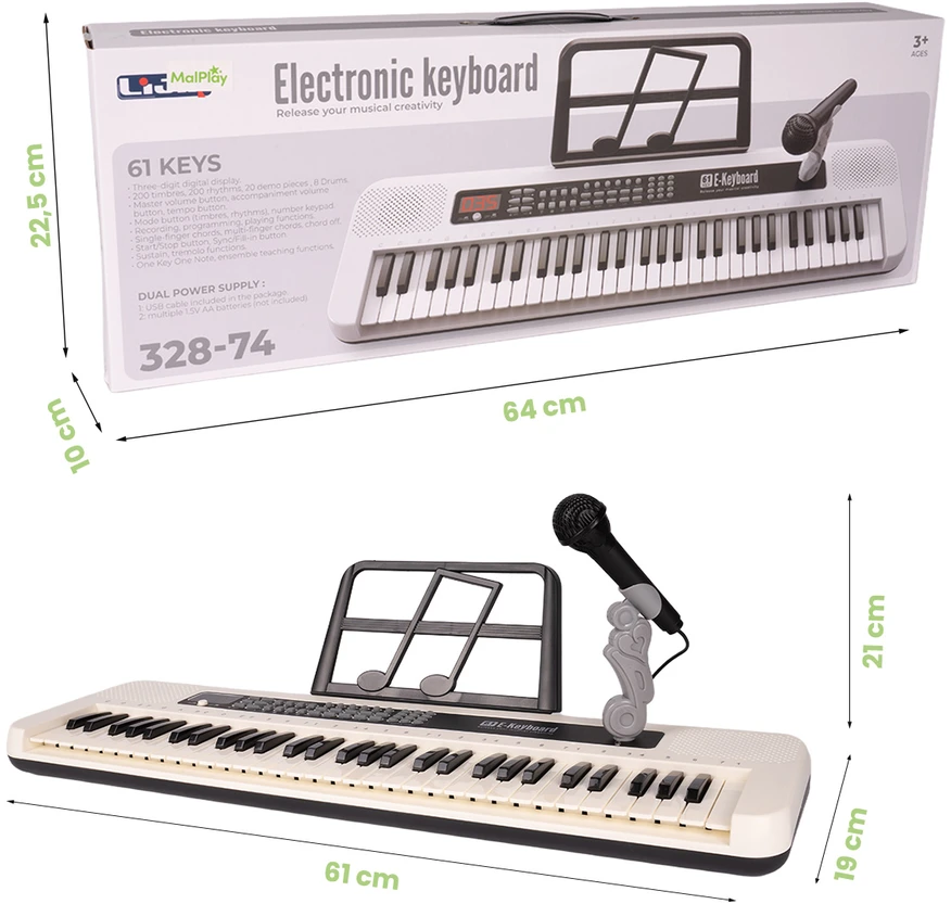 Malplay Didelis vaikiškas pianinas su mikrofonu, 61 klavišas