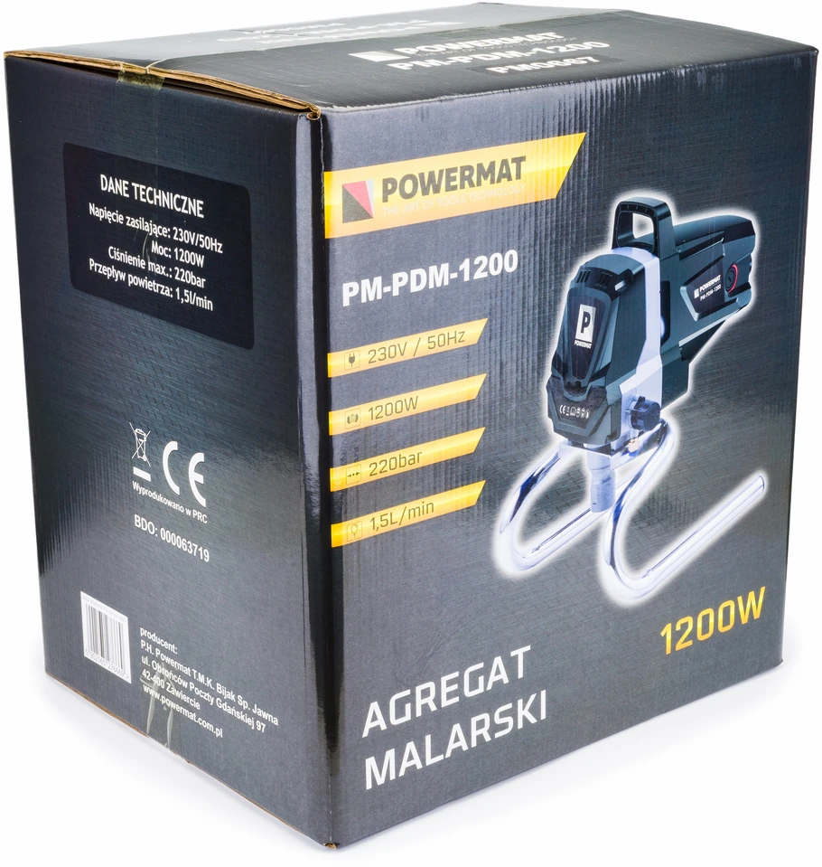 Powermat Hidrodinaminis dažų purkštuvas, vidaus ir išorės sienoms, 1200W aukšto slėgio purkštuvas, profesionalus dažų purkštuvas, beoris dažų purkštuvas