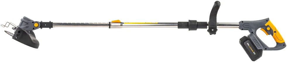 Powermat Akumuliatorinis žolės trimeris, 21V, su 2x 4Ah baterijomis, ratais, reguliuojamu ilgiu, sodo kraštų ir vejos pjovimui