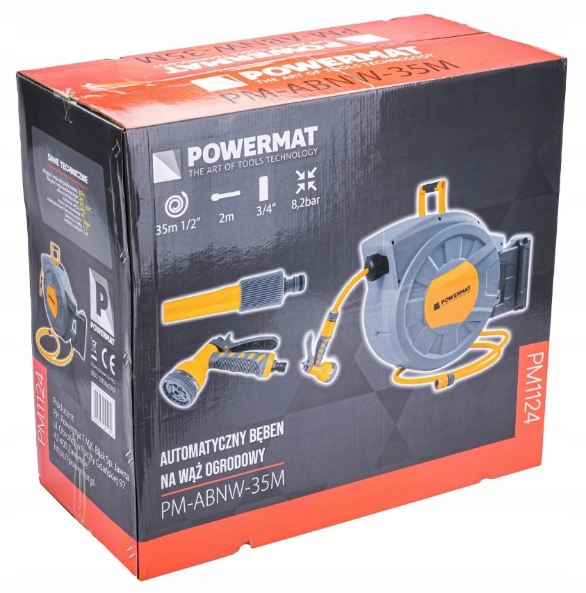Powermat Automatinė sodo žarnos ritė, 35 metrų ištraukiama žarnos ritė, prie sienos tvirtinamas sodo žarnos laikiklis, tvirta sodo žarnos ritė