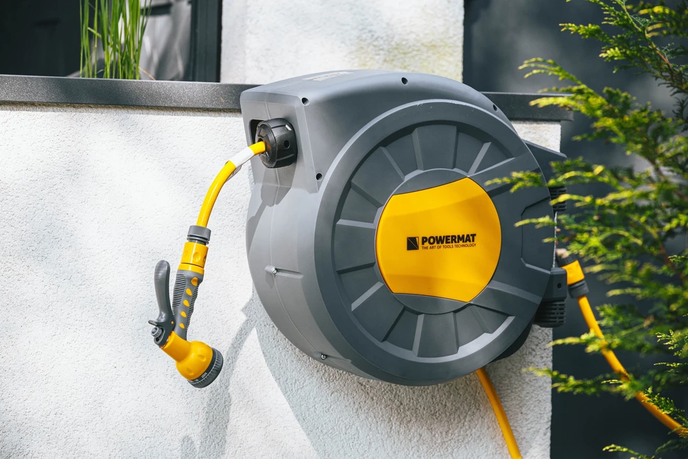 Powermat Automatinė sodo žarnos ritė, 35 metrų ištraukiama žarnos ritė, prie sienos tvirtinamas sodo žarnos laikiklis, tvirta sodo žarnos ritė