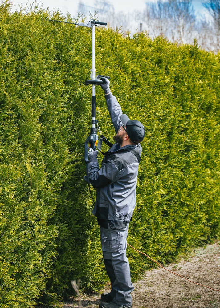Powermat Elektrinis teleskopinis gyvatvorių žoliapjovė, 405mm pjovimo ilgis, 1200W galia, reguliuojamas kampas, ilgo siekio gyvatvorių žoliapjovė, sodo elektrinis įrankis