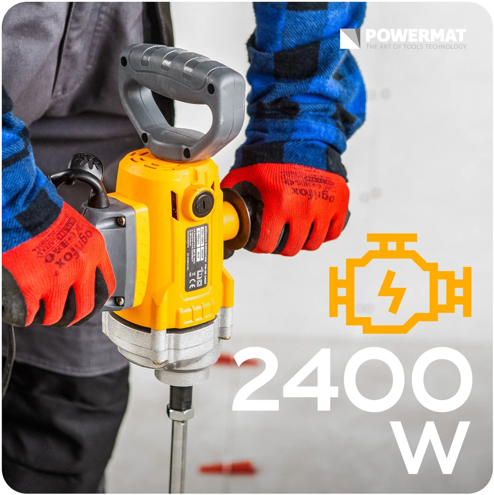 Powermat Elektrinis maišytuvas, 2400W, kintamas greitis, dažams ir statybinėms medžiagoms, M14 sriegis, sunkiasvoris maišytuvas