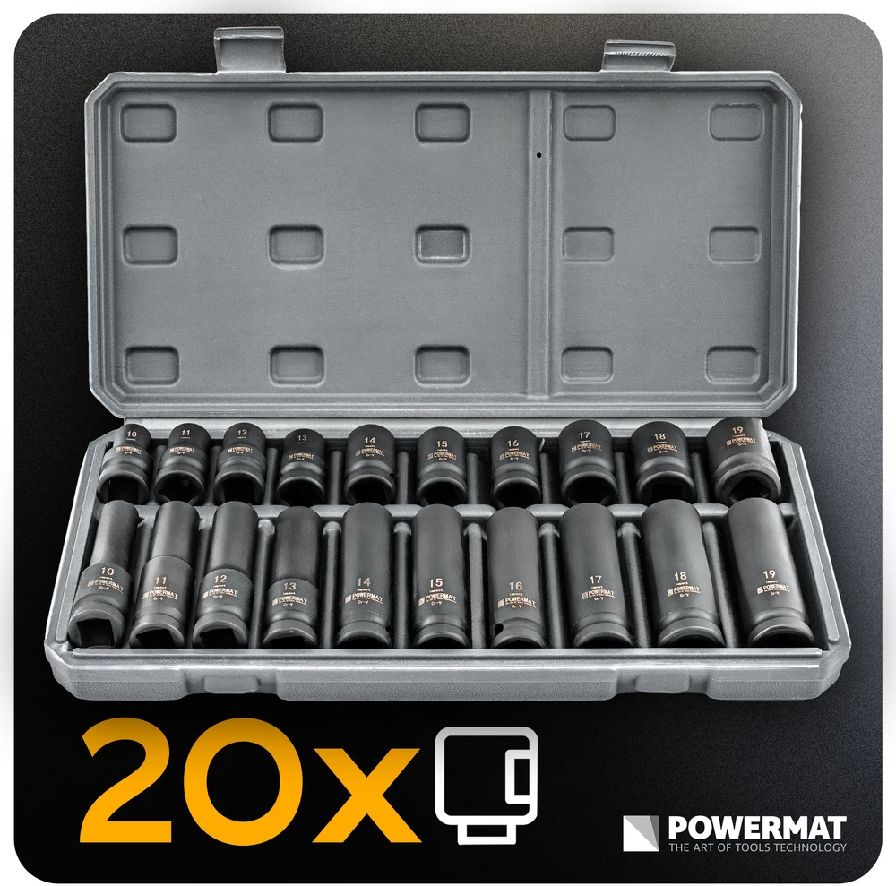 Powermat SMŪGINIAI GALVUTĖS ANTGAIAI (RINKINYS 20 vnt.) 10-19mm 1/2 PM-ZNU-1019T