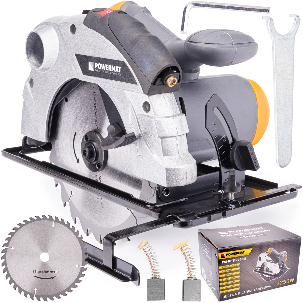 Powermat Diskinis pjūklas 185mm, 2250W, su lazeriniu kreipikliu, medienos pjovimui, didelio našumo diskinis pjūklas, nešiojamas stalo pjūklas