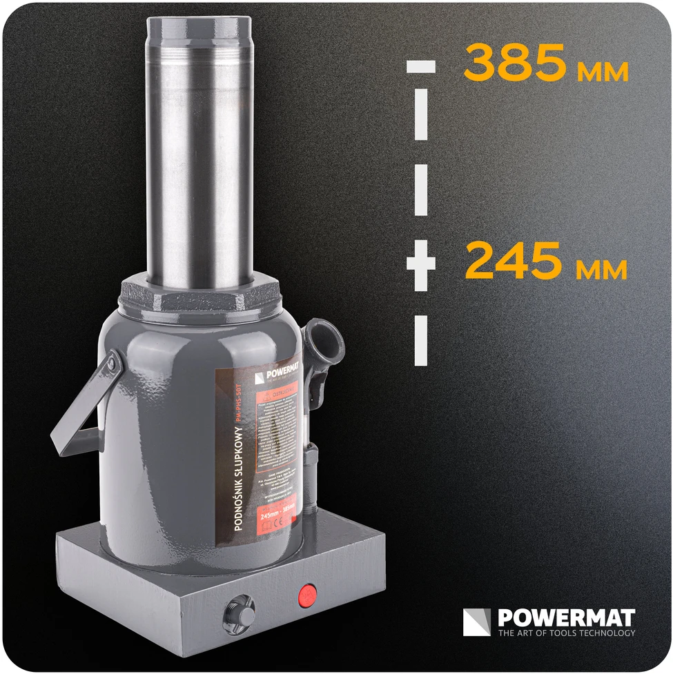 Powermat 50 Tonų Hidraulinis Butelio Domkratas, Sunkus Kėlimo Domkratas, Žemo Profilio Hidraulinis Domkratas, Garažui ir Dirbtuvėms, 245-385mm Kėlimo Diapazonas