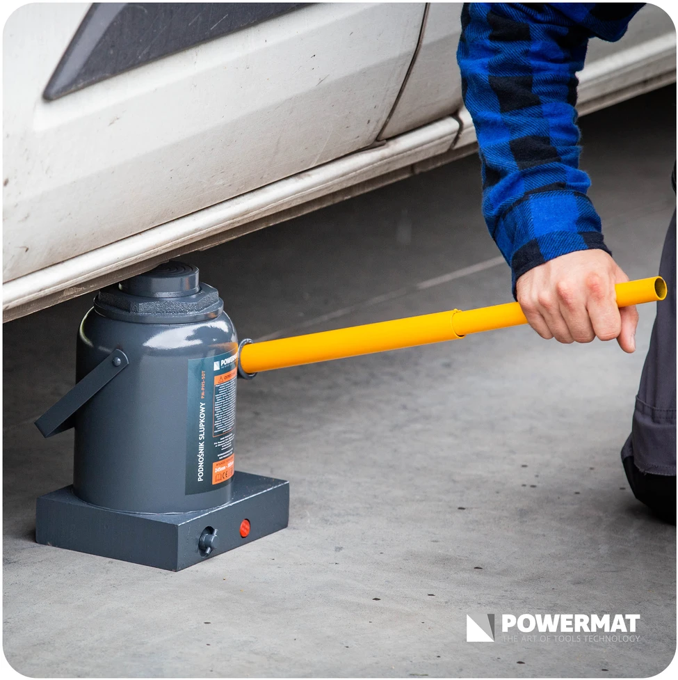 Powermat 50 Tonų Hidraulinis Butelio Domkratas, Sunkus Kėlimo Domkratas, Žemo Profilio Hidraulinis Domkratas, Garažui ir Dirbtuvėms, 245-385mm Kėlimo Diapazonas