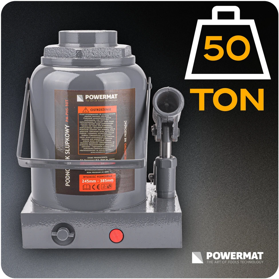 Powermat 50 Tonų Hidraulinis Butelio Domkratas, Sunkus Kėlimo Domkratas, Žemo Profilio Hidraulinis Domkratas, Garažui ir Dirbtuvėms, 245-385mm Kėlimo Diapazonas