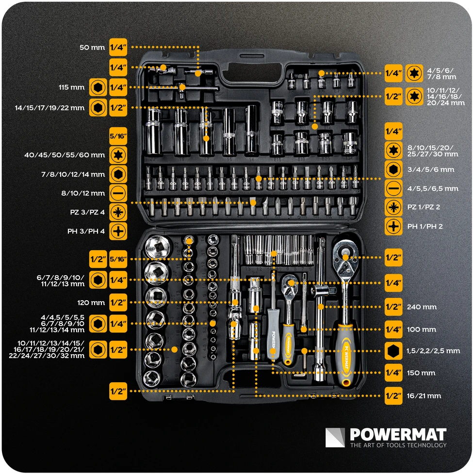 Powermat ANTGALVIŲ RAKTŲ RINKINYS 108 vnt. 1/2" | 1/4" PM-ZKNB-108SU