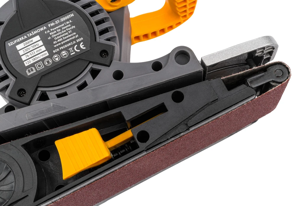 Powermat Juostinis šlifuoklis, 2000W, 230V, kintamas greitis, su dulkių maišeliu, medienai, metalui ir plastikui, nešiojamas ir stacionarus naudojimas