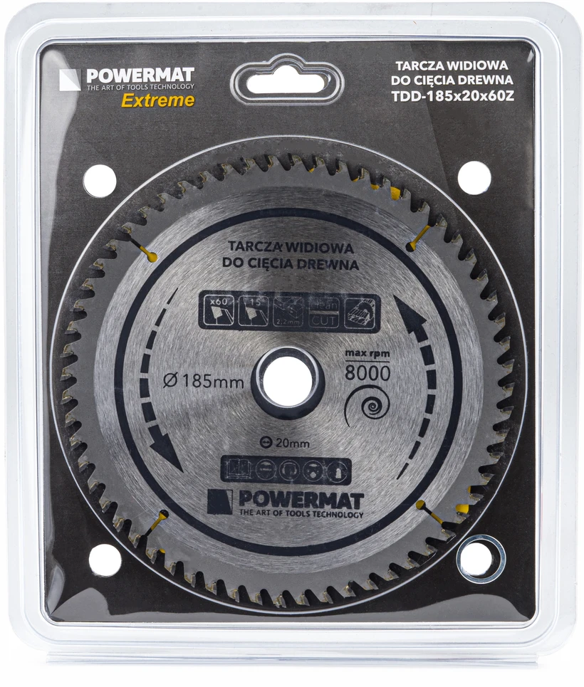 Powermat Deimantinė diskinė plokštė medienai 185x20 60Z TDD-185x20x60Z