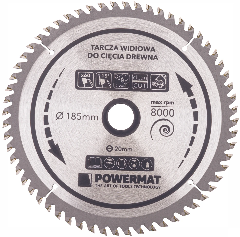 Powermat Deimantinė diskinė plokštė medienai 185x20 60Z TDD-185x20x60Z