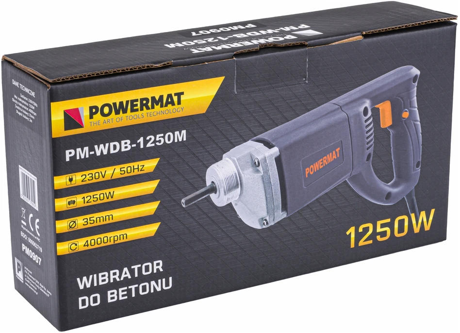 Powermat Betono vibratorius, pamatams, 1250W galia, 2 metrų velenas, betono tankintuvas, grindų plokščių vibratorius