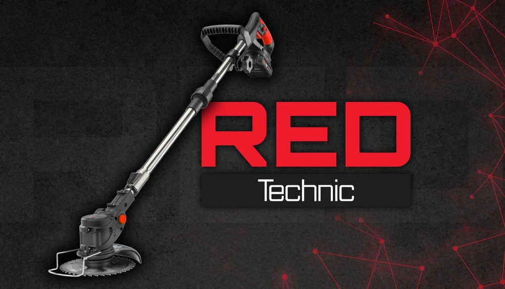 Red Technic Akumuliatorinė žoliapjovė, 21V maitinimas, su ratukais, sodo kraštų, vejos ir apželdinimo darbams