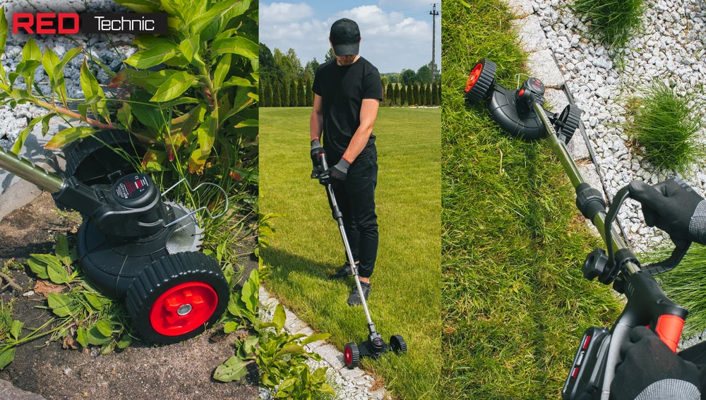 Red Technic Akumuliatorinė žoliapjovė, 21V maitinimas, su ratukais, sodo kraštų, vejos ir apželdinimo darbams