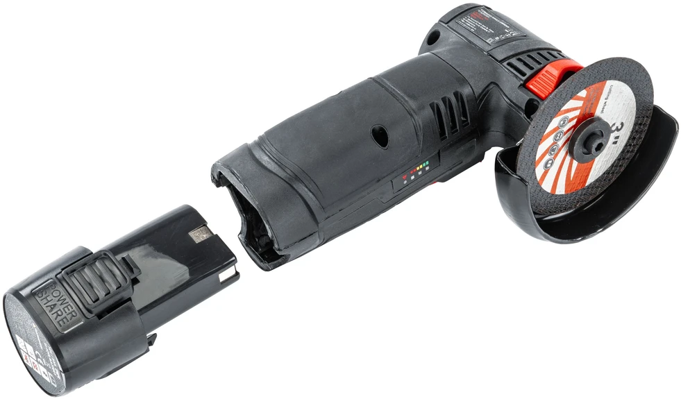 Red Technic Belaidis mini kampinis šlifuoklis, 12V bešepetėlinis, 76mm diskas, su 7 diskais metalui, betonui, medienai, poliravimui