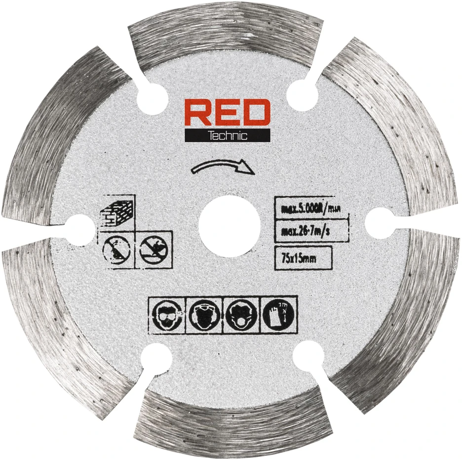 Red Technic Belaidis mini kampinis šlifuoklis, 12V bešepetėlinis, 76mm diskas, su 7 diskais metalui, betonui, medienai, poliravimui